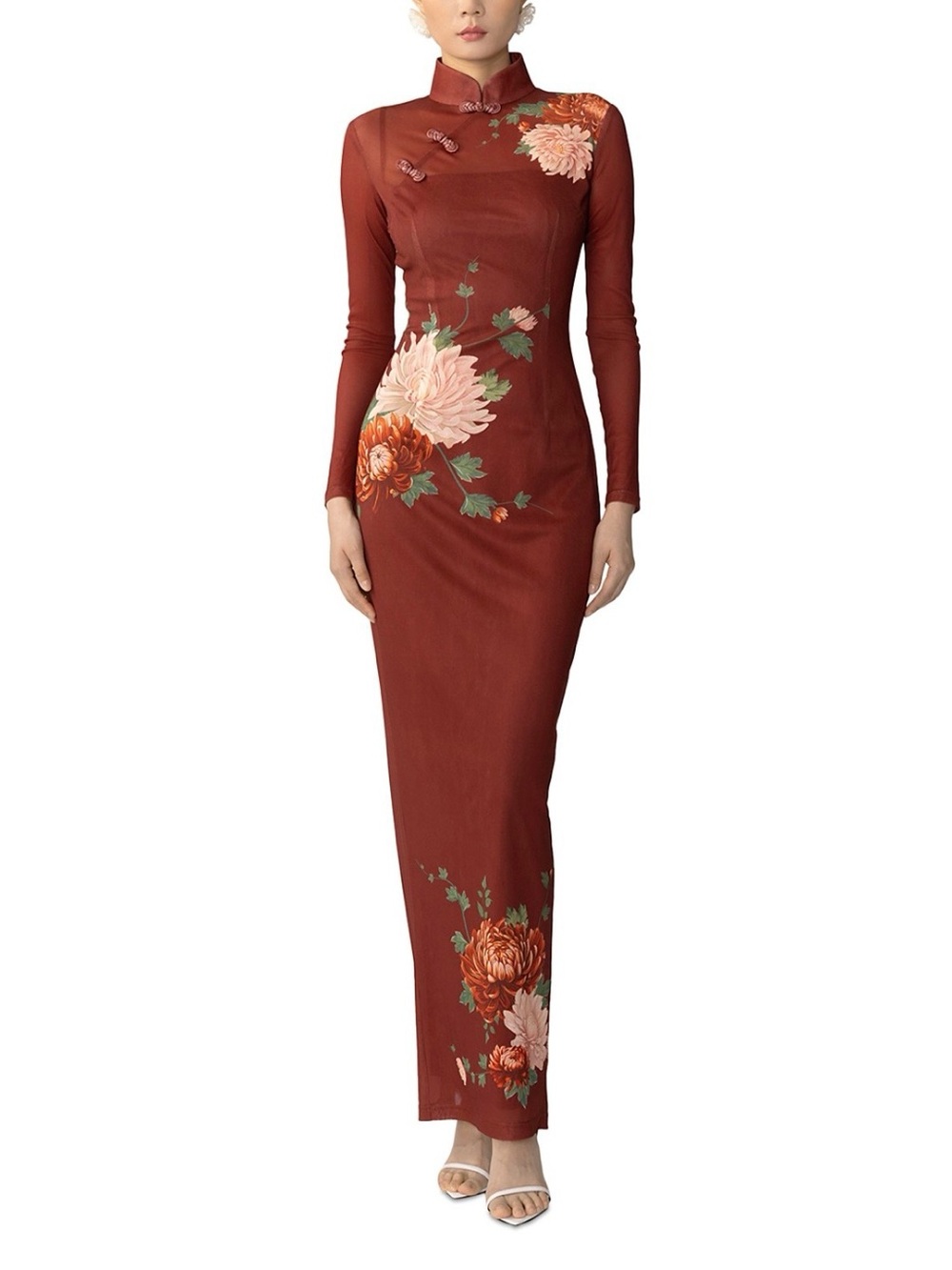 SAU LEE  Kaia Mesh Dress. Mandarin-Collar Floral Maxi Dress in Burgundy - Picture 4 of 4